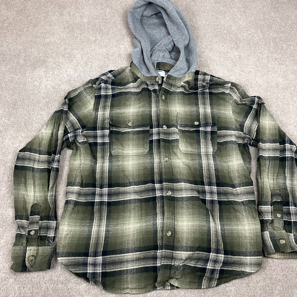 Old Navy Shacket Mens 2XL Green Double Brushed Flannel Plaid Hooded Button Front